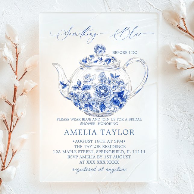 Invitaciones Acrílicas Blue Floral Toile Bridal Shower Clear (Subido por el creador)