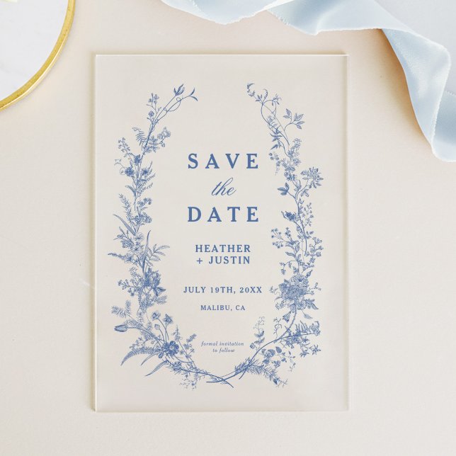 Invitaciones Acrílicas Blue Floral Toile Save the Date (Subido por el creador)