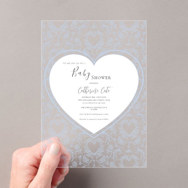 Invitaciones Acrílicas Blue Floral Whimsical Heart Baby Shower  (Insitu (portátil))