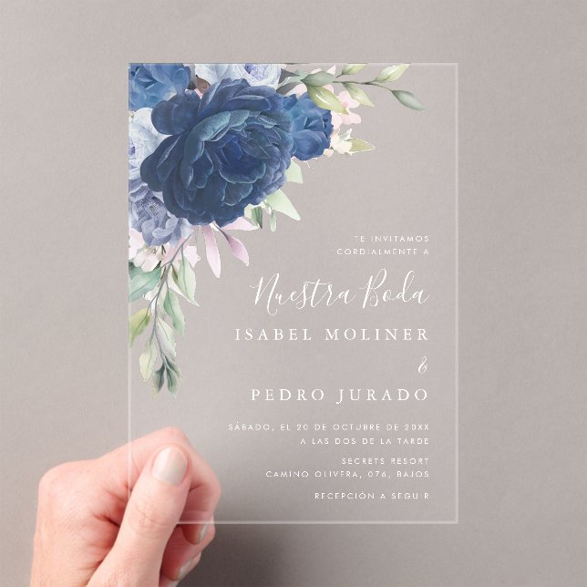 Invitaciones Acrílicas Blue Flower Bouquet Nuestra Boda Boda español (Insitu (portátil))