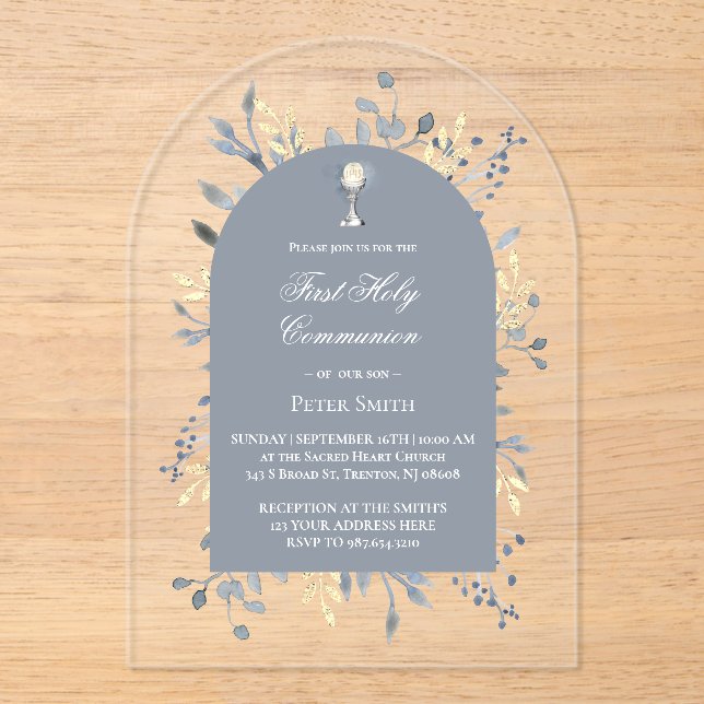 Invitaciones Acrílicas  blue foliage First Holy Communion  (Anverso)