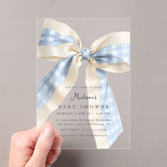 Invitaciones Acrílicas Blue Gingham Checks Bow Cute Baby Shower (Insitu (portátil))