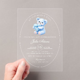 Invitaciones Acrílicas Blue Gingham Teddy Bear Neutral Baby Shower