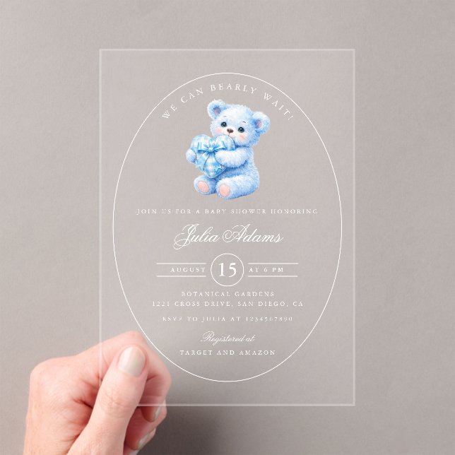 Invitaciones Acrílicas Blue Gingham Teddy Bear Neutral Baby Shower (Insitu (portátil))