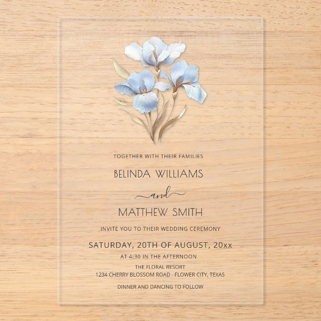 Invitaciones Acrílicas Blue Gold 3D Flowers  (Anverso)