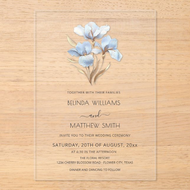 Invitaciones Acrílicas Blue Gold Flores 3D  (Anverso)