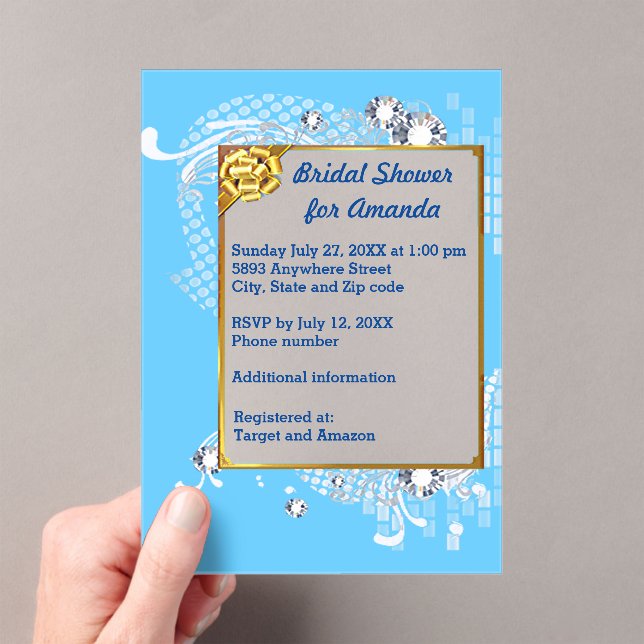 Invitaciones Acrílicas Blue & Gold Frame & Diamonds Image Bridal Shower (Insitu (portátil))
