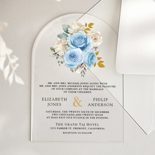 Invitaciones Acrílicas Blue Gold Ivory Floral Roses Wedding (Subido por el creador)