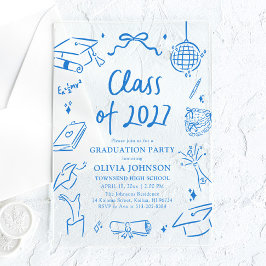 Invitaciones Acrílicas Blue Hand Drawn Class of 2027 Graduation Party