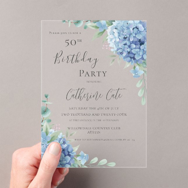 Invitaciones Acrílicas Blue Hydrangea Floral Elegant 50th Birthday (Insitu (portátil))