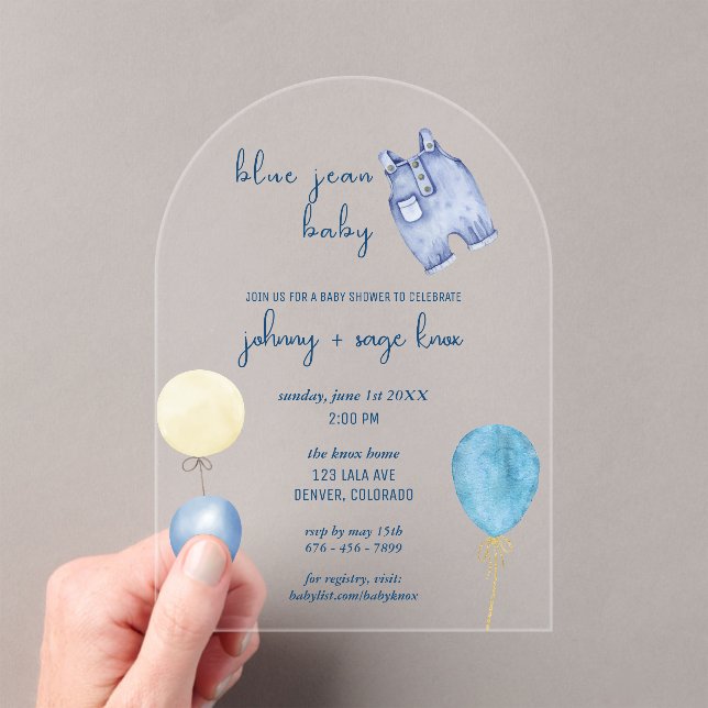 Invitaciones Acrílicas Blue Jean Baby | Baby Shower moderno | Arco de glo (Insitu (portátil))