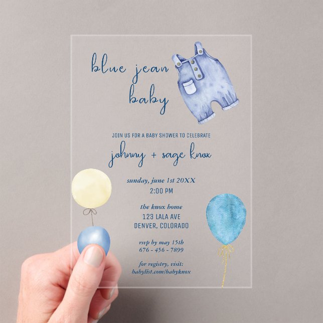 Invitaciones Acrílicas Blue Jean Baby | Baby Shower moderno | Globos (Insitu (portátil))