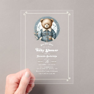 Invitaciones Acrílicas Blue Jean Baby Denim Teddy Bear Baby Shower