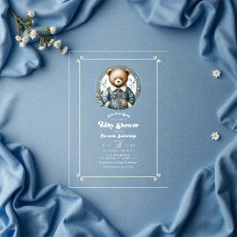 Invitaciones Acrílicas Blue Jean Baby Denim Teddy Bear Baby Shower