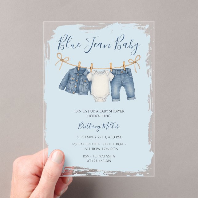 Invitaciones Acrílicas Blue Jean Baby Shower Baby Outfit  (Insitu (portátil))