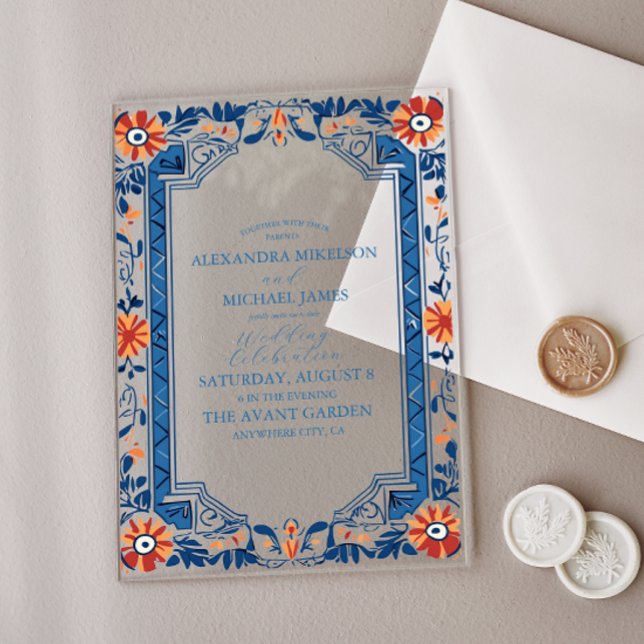 Invitaciones Acrílicas Blue Mediterranean Italiano Tile & Lemon Boda (Subido por el creador)