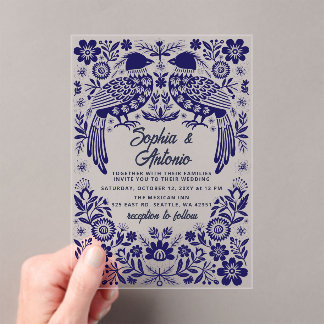 Invitaciones Acrílicas Blue Mexican Birds Otomi Floral Fiesta Wedding