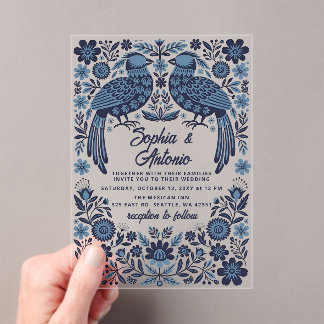 Invitaciones Acrílicas Blue Mexican Birds Otomi Floral Fiesta Wedding