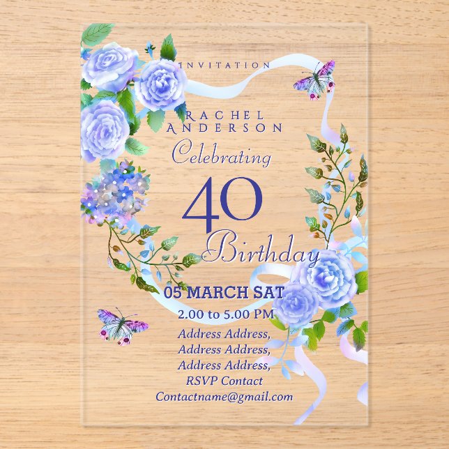 Invitaciones Acrílicas Blue Rose Ribbon 40th  Birthday Invitation (Anverso)