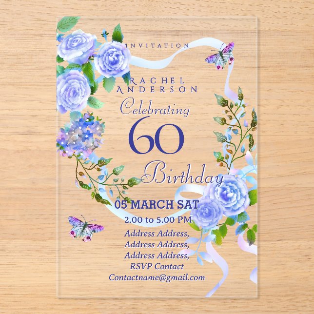 Invitaciones Acrílicas Blue Rose Ribbon 60th  Birthday Invitation (Anverso)
