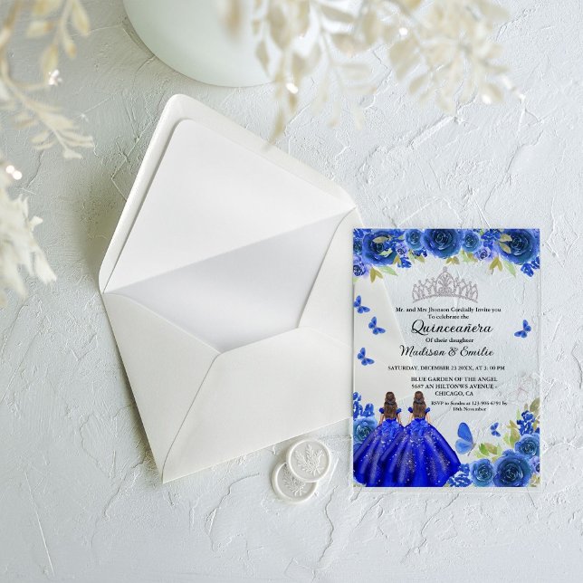 Invitaciones Acrílicas Blue Royal Floral Butterfly Twin Quinceanera (Subido por el creador)