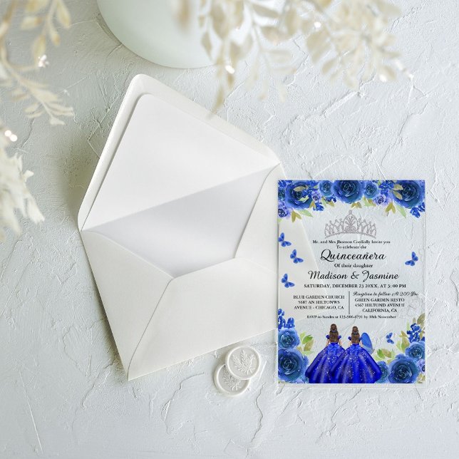 Invitaciones Acrílicas Blue Royal Floral Butterfly Twin Quinceanera (Subido por el creador)
