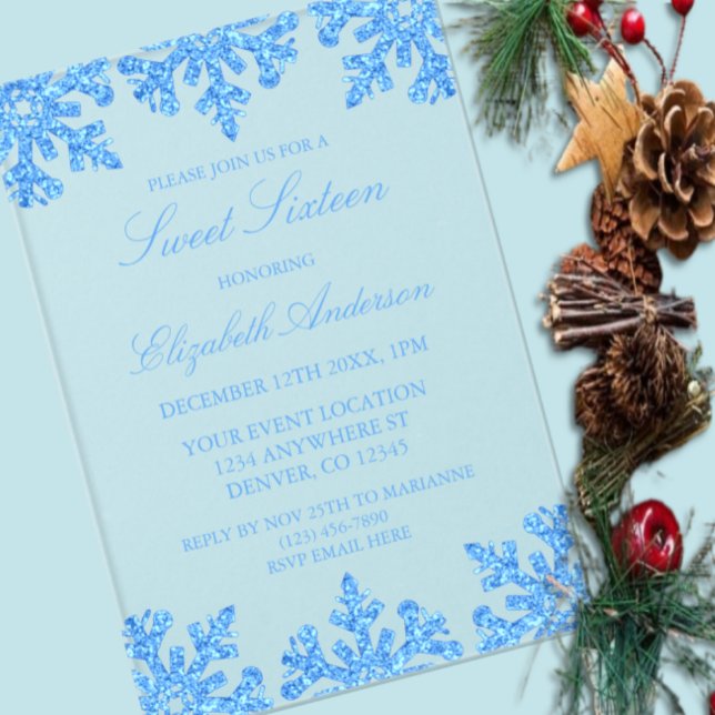 Invitaciones Acrílicas Blue Snowflake Winter Sweet 16 (Subido por el creador)