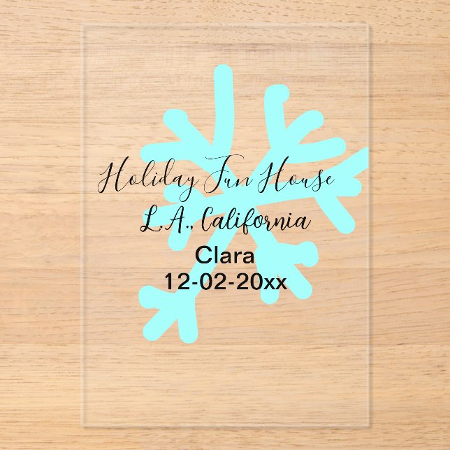 Invitaciones Acrílicas Blue snowflakes holiday camping house place date (Anverso)