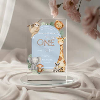Invitaciones Acrílicas Blue Tropical Wild One Jungle Safari Animales