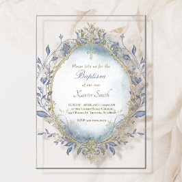 Invitaciones Acrílicas blue watercolor beige frame Baptism baby boy