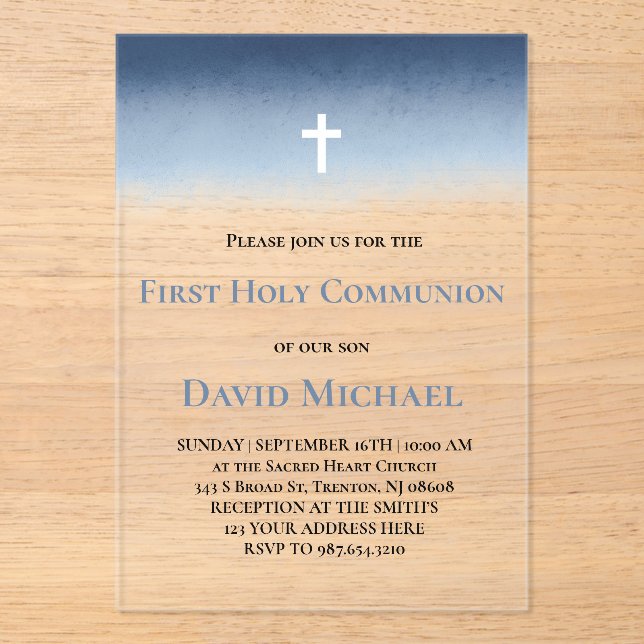 Invitaciones Acrílicas blue watercolor First Holy Communion boy (Anverso)