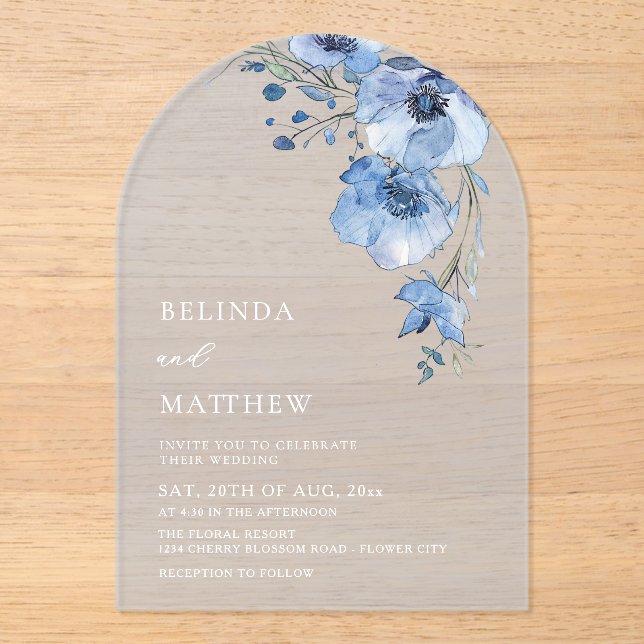 Invitaciones Acrílicas Blue Watercolor Flowers White (Anverso)