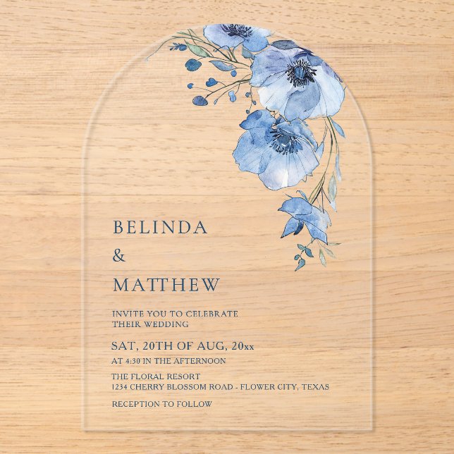 Invitaciones Acrílicas Blue Watercolor Flowers White (Anverso)