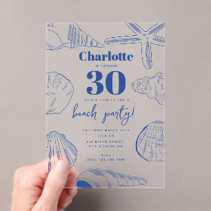 Invitaciones Acrílicas Blue White Sea Shells Beach Summer Birthday Party