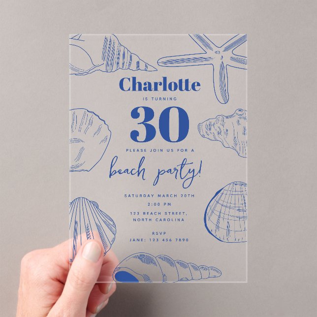 Invitaciones Acrílicas Blue White Sea Shells Beach Summer Birthday Party (Insitu (portátil))