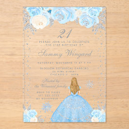 Invitaciones Acrílicas Blue Winter Blonde Hair Princess Fiesta de cumplea