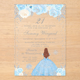 Invitaciones Acrílicas Blue Winter Brown Hair Princess Birthday Party