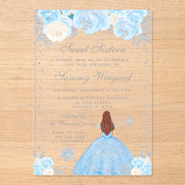 Invitaciones Acrílicas Blue Winter Brown Hair Princess Dulce (Anverso)