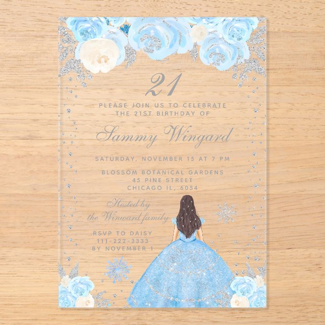 Invitaciones Acrílicas Blue Winter Brunette Hair Princess Birthday Party (Anverso)