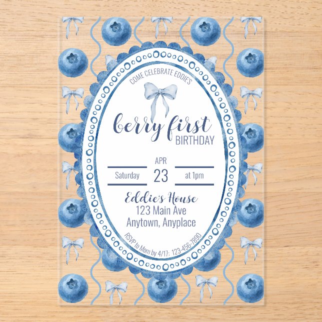 Invitaciones Acrílicas Blueberry Baby's Berry First 1st Birthday Party (Anverso)