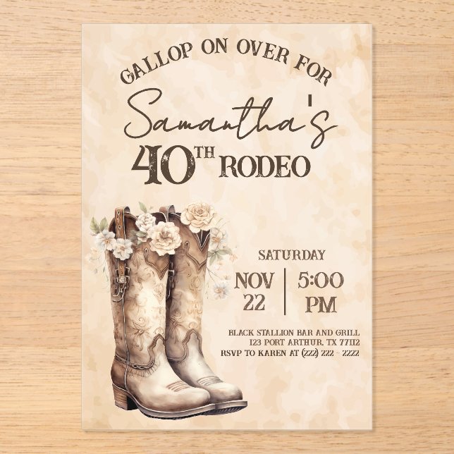 Invitaciones Acrílicas Blush and Boots 40th Rodeo Western Birthday (Anverso)