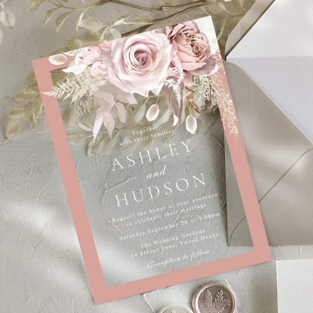 Invitaciones Acrílicas Blush & Dusty Rose Border Floral Wedding  (Subido por el creador)
