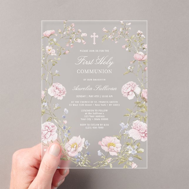 Invitaciones Acrílicas Blush Floral Frame First Holy Communion (Insitu (portátil))