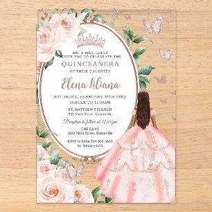 Invitaciones Acrílicas Blush Floral Marrón Princesa Rosa Dorada Quinceañe