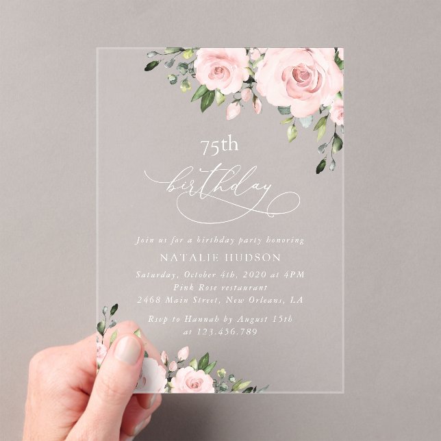 Invitaciones Acrílicas Blush Flowers, Pink Flowers, Greenery, Birthday (Insitu (portátil))