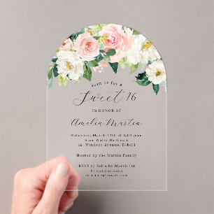 Invitaciones Acrílicas Blush Marfil Elegante Arco Floral Dulces Dieciséis