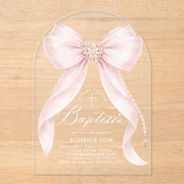 Invitaciones Acrílicas Blush Pink Bow Pearls Baby Girl Baptism Religious