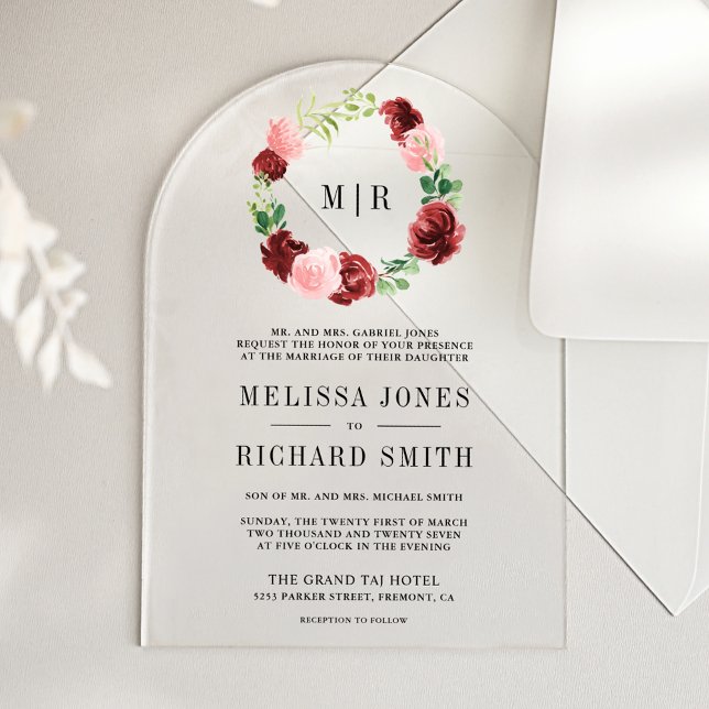 Invitaciones Acrílicas Blush Pink Burgundy Floral Navy Blue Wedding (Subido por el creador)