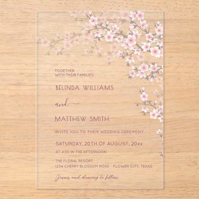 Invitaciones Acrílicas Blush Pink Cherry Blossom Wedding (Anverso)