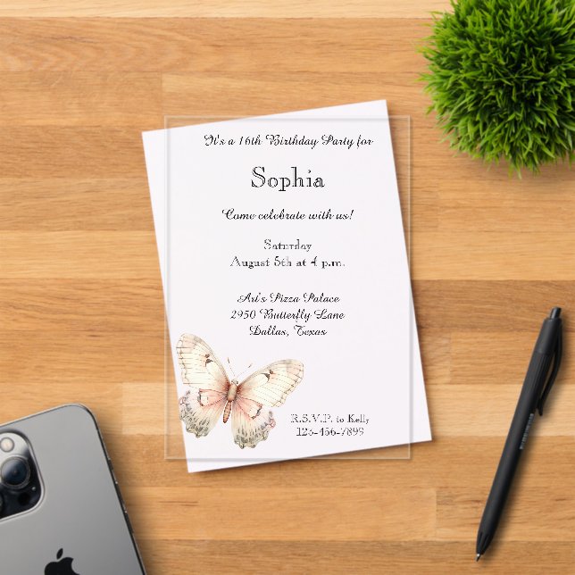 Invitaciones Acrílicas Blush Pink Cream Butterfly Birthday  (Insitu (Tarjeta de Invitación))